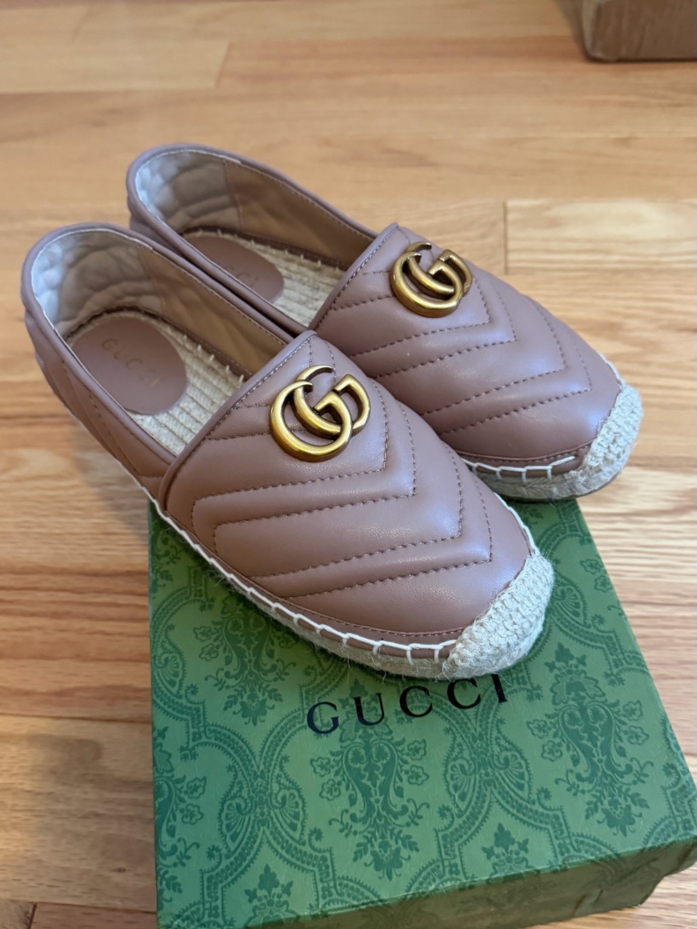 Tan Quilted Leather Espadrille with Gold Double G